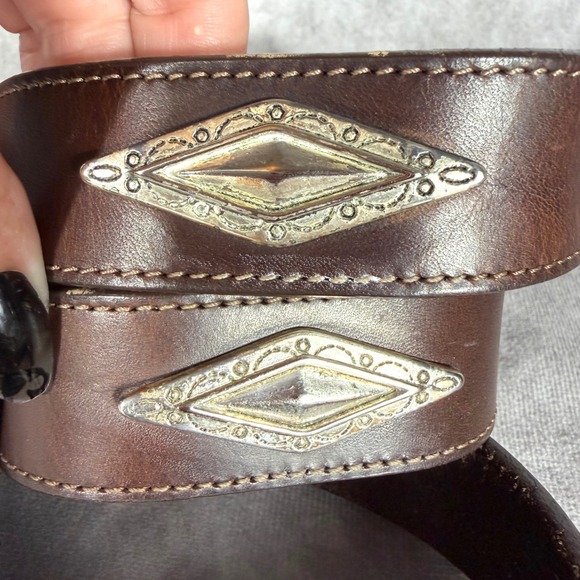 Vtg \'91 Brighton Brown Leather Western Belt Silver Gold Floral Concho USA Large main image 7